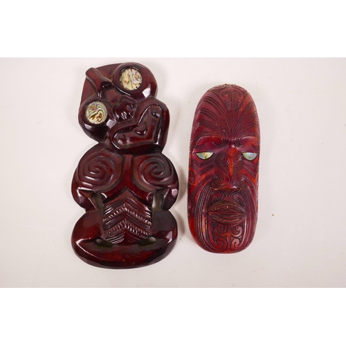 61 - A Maori carved wood Hei-Tiki figure with abalone set eyes, together with a similar Maori mask (A/F),... 