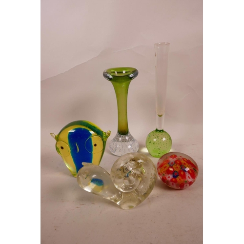 62 - Five pieces of hand blown art glass to include three paperweights of an owl, snail and small millefi... 