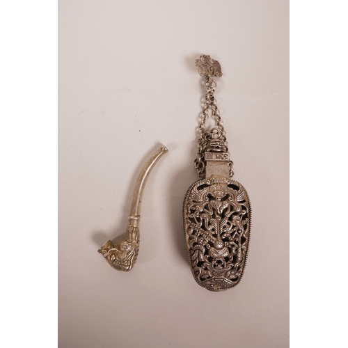 63 - A Chinese white metal cheroot holder with dragon head decoration, together with a Chinese white meta... 