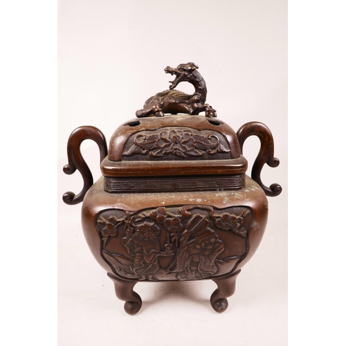 64 - A large Meiji Japanese koro in bronze, decorated with dragons, flowers and various figures, finely c... 