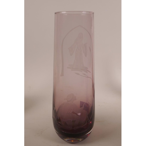 16 - A Caithness etched amethyst glass vase of 'Romeo and Juliet', signed to the base 'AJW'86', 9¼