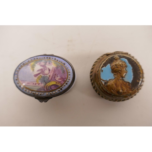 19 - Two C19th enamel patch boxes, and a large enamelled Naples box decorated with cherubs and a Roman ch... 