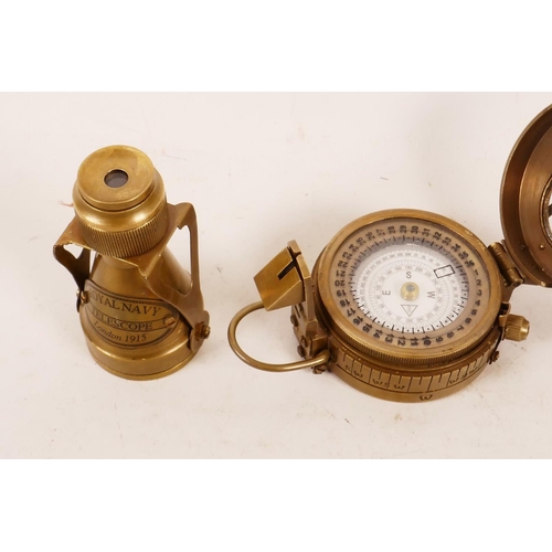 4 - A replica brass military sighting compass and small brass telescope, 3