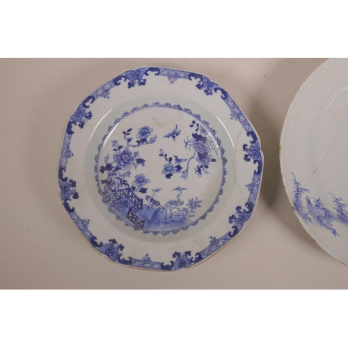 5 - A late C18th/early 19th Chinese blue and white dish with waterfowl decoration, and another with lobe... 