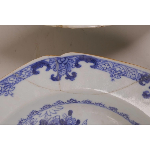 5 - A late C18th/early 19th Chinese blue and white dish with waterfowl decoration, and another with lobe... 