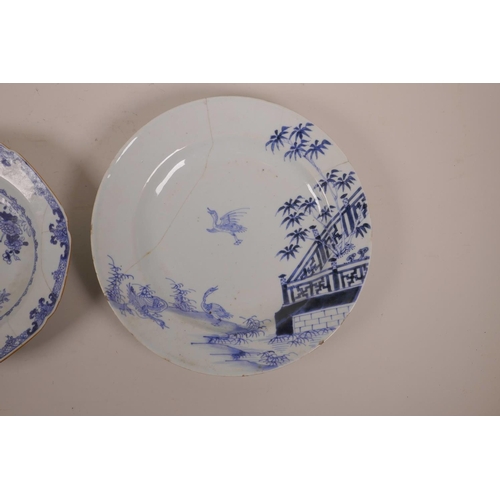 5 - A late C18th/early 19th Chinese blue and white dish with waterfowl decoration, and another with lobe... 