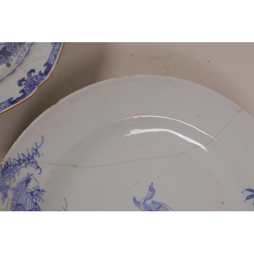 5 - A late C18th/early 19th Chinese blue and white dish with waterfowl decoration, and another with lobe... 