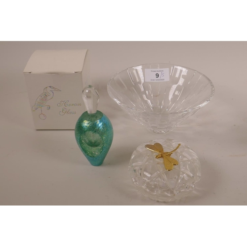 9 - A Stuart lead crystal bowl, plus two scent bottles in decorative art glass, a cut glass trinket box ... 