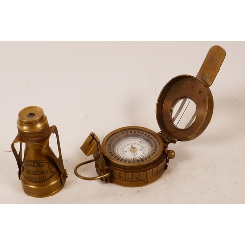 1 - A replica brass military sighting compass and small brass telescope, 3