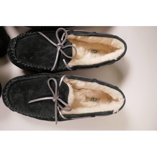 11 - Two pairs of Ugg moccasins, size 8½, together with a pair of Ugg slip ons and a pair of Kurt Geiger ... 