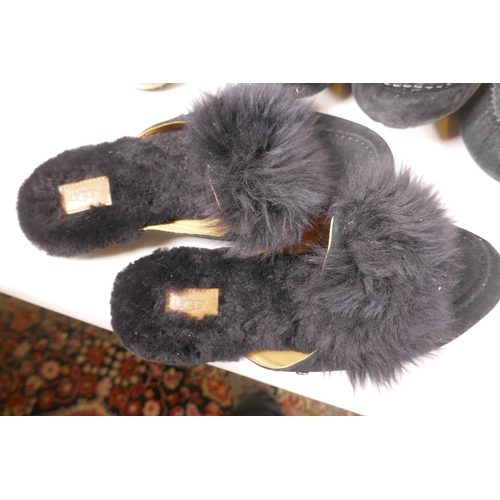 11 - Two pairs of Ugg moccasins, size 8½, together with a pair of Ugg slip ons and a pair of Kurt Geiger ... 