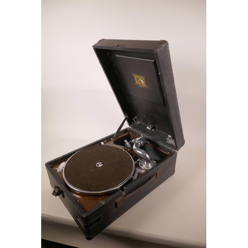 17 - An HMV picnic gramophone in black case, handle missing, 11