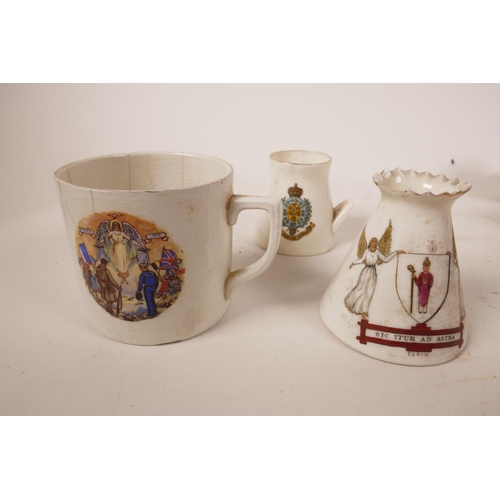 19 - A variety of porcelain items including crested ware, a Wedgwood Jasperware pot and an unusual WW1 cu... 