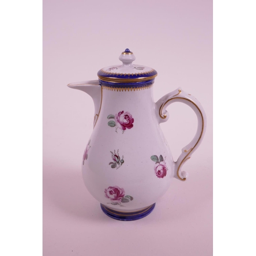 24 - A late C18th hybrid hard paste porcelain chocolate pot and cover, with matching sugar pot and lid, e... 