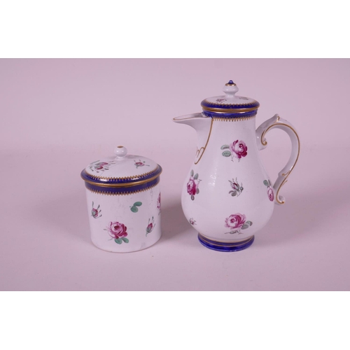 24 - A late C18th hybrid hard paste porcelain chocolate pot and cover, with matching sugar pot and lid, e... 