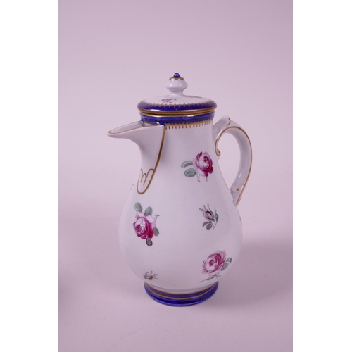 24 - A late C18th hybrid hard paste porcelain chocolate pot and cover, with matching sugar pot and lid, e... 