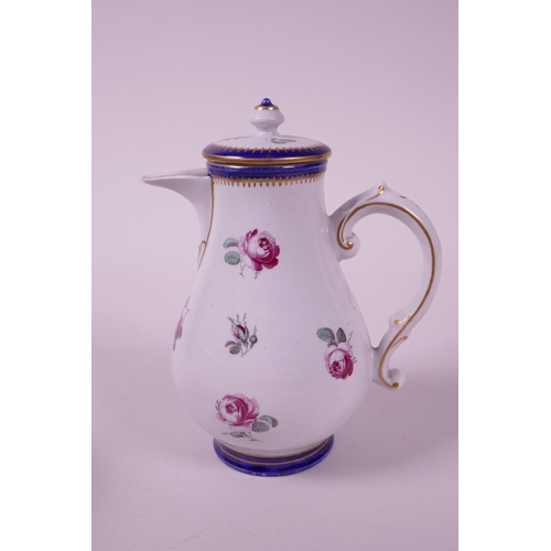 24 - A late C18th hybrid hard paste porcelain chocolate pot and cover, with matching sugar pot and lid, e... 