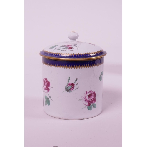 24 - A late C18th hybrid hard paste porcelain chocolate pot and cover, with matching sugar pot and lid, e... 