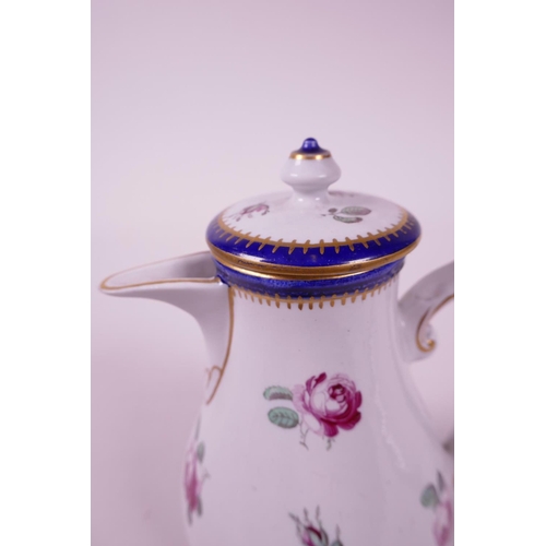 24 - A late C18th hybrid hard paste porcelain chocolate pot and cover, with matching sugar pot and lid, e... 