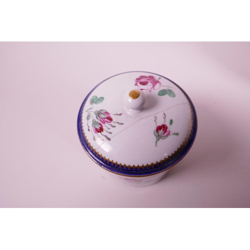 24 - A late C18th hybrid hard paste porcelain chocolate pot and cover, with matching sugar pot and lid, e... 