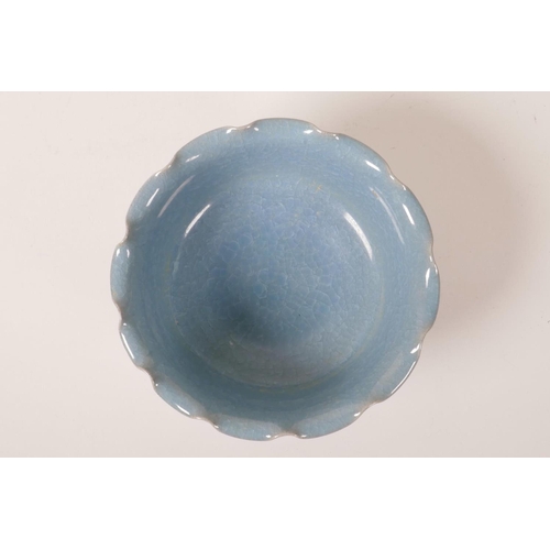 30 - A Chinese steep sided bowl with a frilled rim and a Ru style crackle glaze, 7