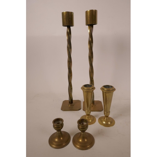 41 - Various brass items, including three hand turned pairs of candlesticks, and a model Concorde, 13