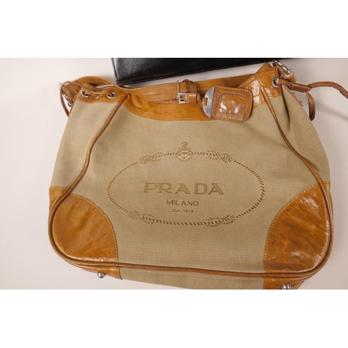 42 - A designer leather and fabric handbag, together with a vintage 'Waldybag' black leather handbag