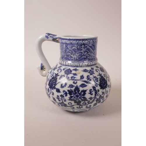 50 - A Chinese blue and white porcelain wine jug with scrolling lotus flower decoration, 4 character mark... 