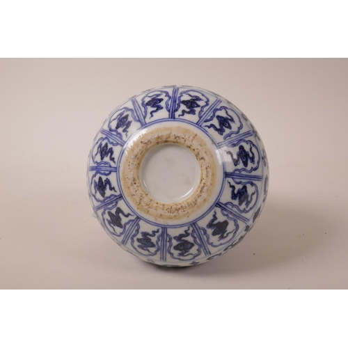 50 - A Chinese blue and white porcelain wine jug with scrolling lotus flower decoration, 4 character mark... 