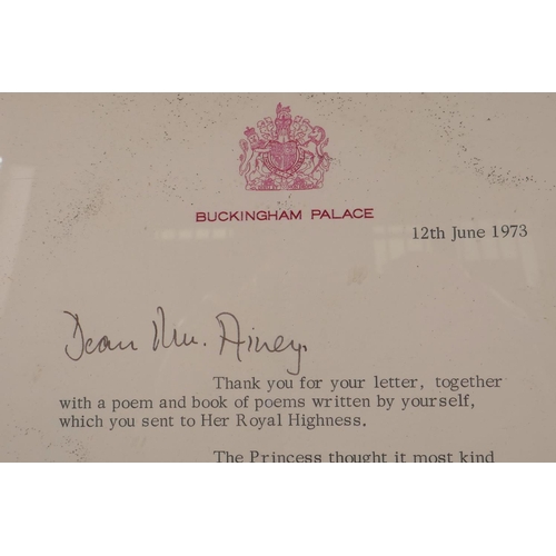 54 - Royal memorabilia: A letter from Buckingham Palace dated 12th June 1973, written to Mr. Roger Airey ... 