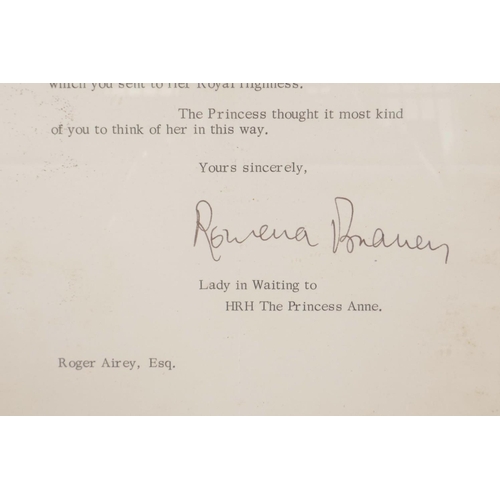 54 - Royal memorabilia: A letter from Buckingham Palace dated 12th June 1973, written to Mr. Roger Airey ... 