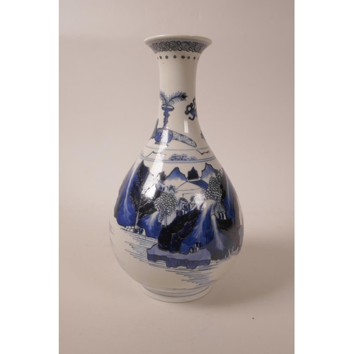 63 - A Chinese blue and white porcelain pear shaped vase decorated with figures in a riverside landscape,... 