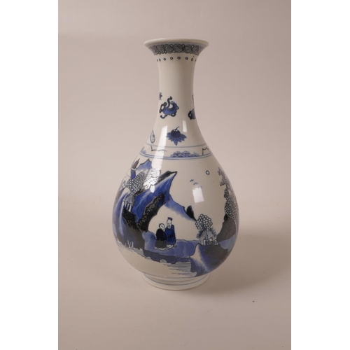 63 - A Chinese blue and white porcelain pear shaped vase decorated with figures in a riverside landscape,... 