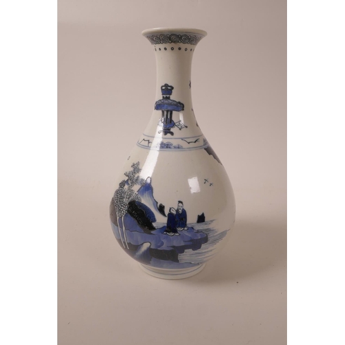 63 - A Chinese blue and white porcelain pear shaped vase decorated with figures in a riverside landscape,... 