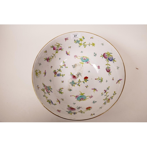 27 - A large Chinese Export bowl with butterfly, fruit and foliage decoration on a white ground, label to... 