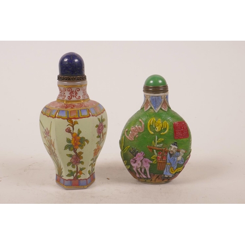 39 - A Chinese enamelled glass snuff bottle decorated with flowers, together with another glass snuff bot... 