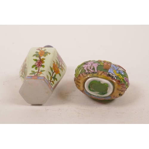 39 - A Chinese enamelled glass snuff bottle decorated with flowers, together with another glass snuff bot... 