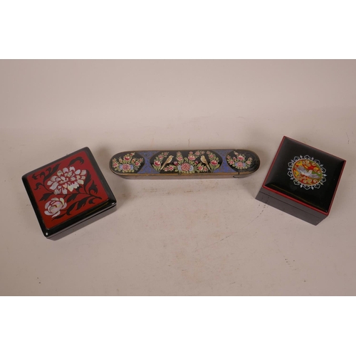 2 - A Kashmiri papier mache scribe's box hand painted with birds and flowers, 10