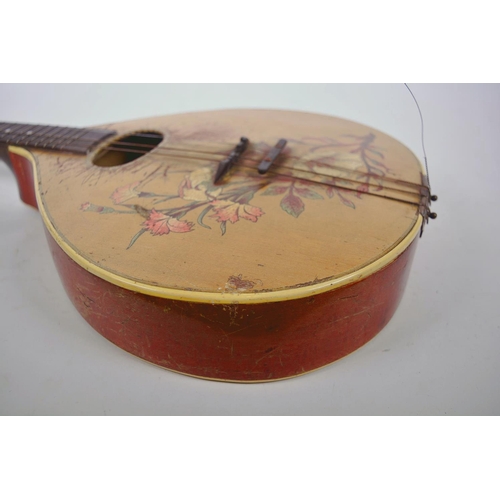 1 - A vintage flat back mandolin with rosewood finger board and floral painted decoration, 24