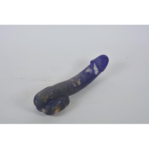 26 - A marbled blue glass phallus pendant, 11