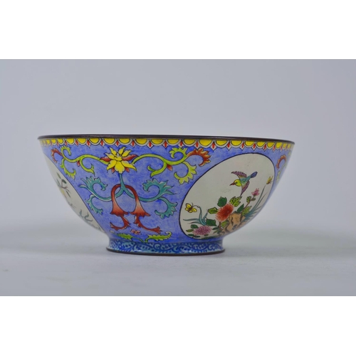 40 - A Chinese Canton enamelled copper bowl with decorative panels depicting birds amongst flowers, 4 cha... 