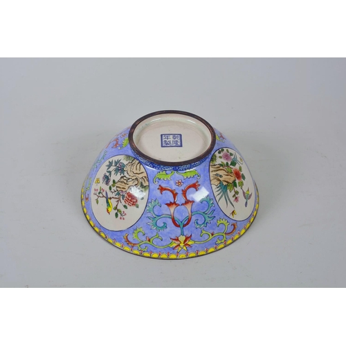 40 - A Chinese Canton enamelled copper bowl with decorative panels depicting birds amongst flowers, 4 cha... 