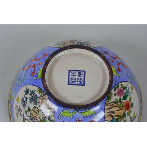 40 - A Chinese Canton enamelled copper bowl with decorative panels depicting birds amongst flowers, 4 cha... 