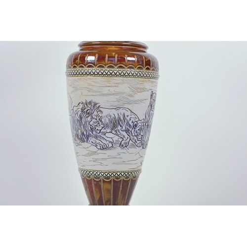 42 - Hannah Barlow for Doulton Lambeth, a stoneware vase decorated with a pride of lions on a buff ground... 