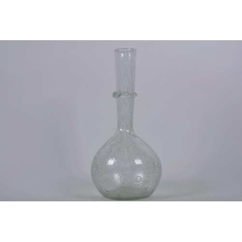 44 - A bulbous bubble glass specimen vase with long slender neck, 12