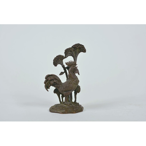 51 - A Chinese bronzed metal cockerel, and another of a mythical creature, longest 7