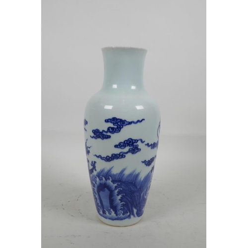 16 - A Chinese blue and white porcelain vase decorated with dragons and clouds, six character mark to bas... 