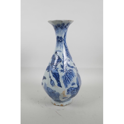 25 - A Chinese blue and white pottery octagonal pear shaped vase decorated with warriors hunting a tiger,... 