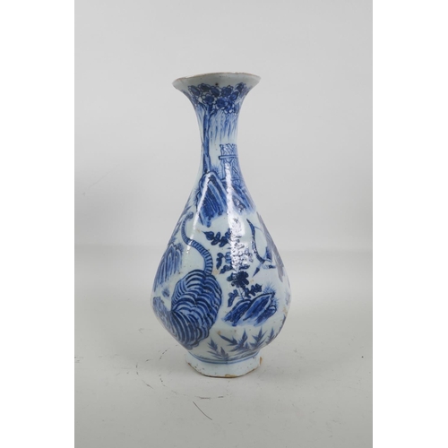 25 - A Chinese blue and white pottery octagonal pear shaped vase decorated with warriors hunting a tiger,... 