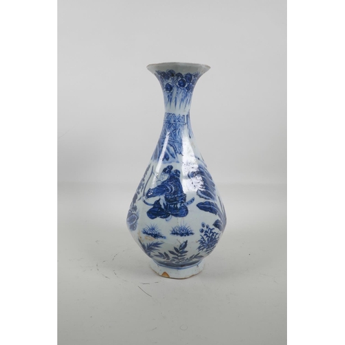 25 - A Chinese blue and white pottery octagonal pear shaped vase decorated with warriors hunting a tiger,... 